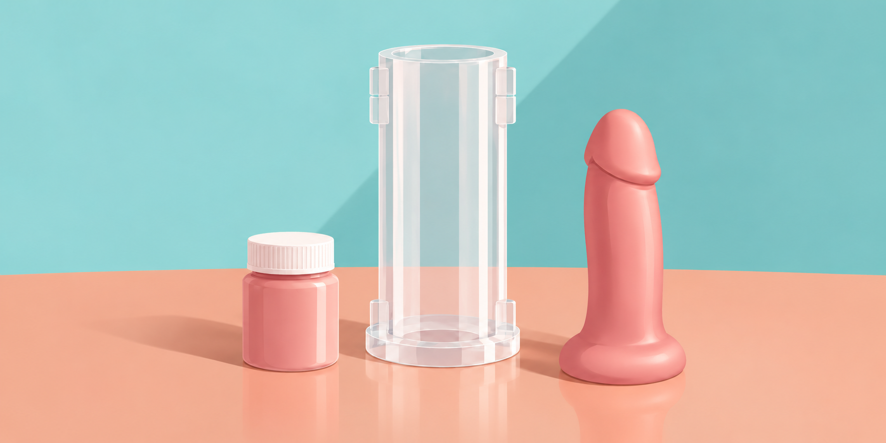 Illustration av ett penisavgjutningskit med gjutform och färdig penisformad silikonavgjutning.